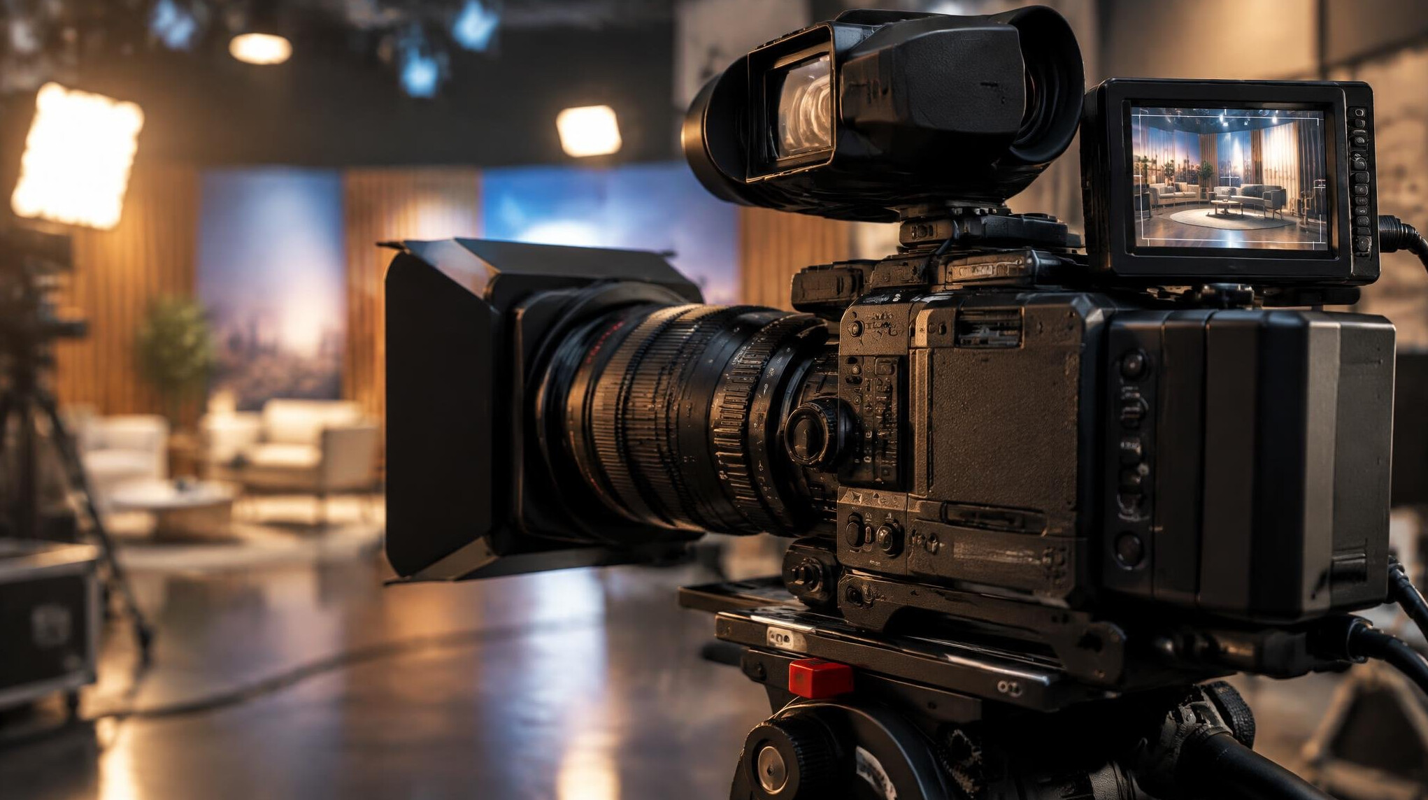 Close-up of a studio camera with viewfinder and monitor