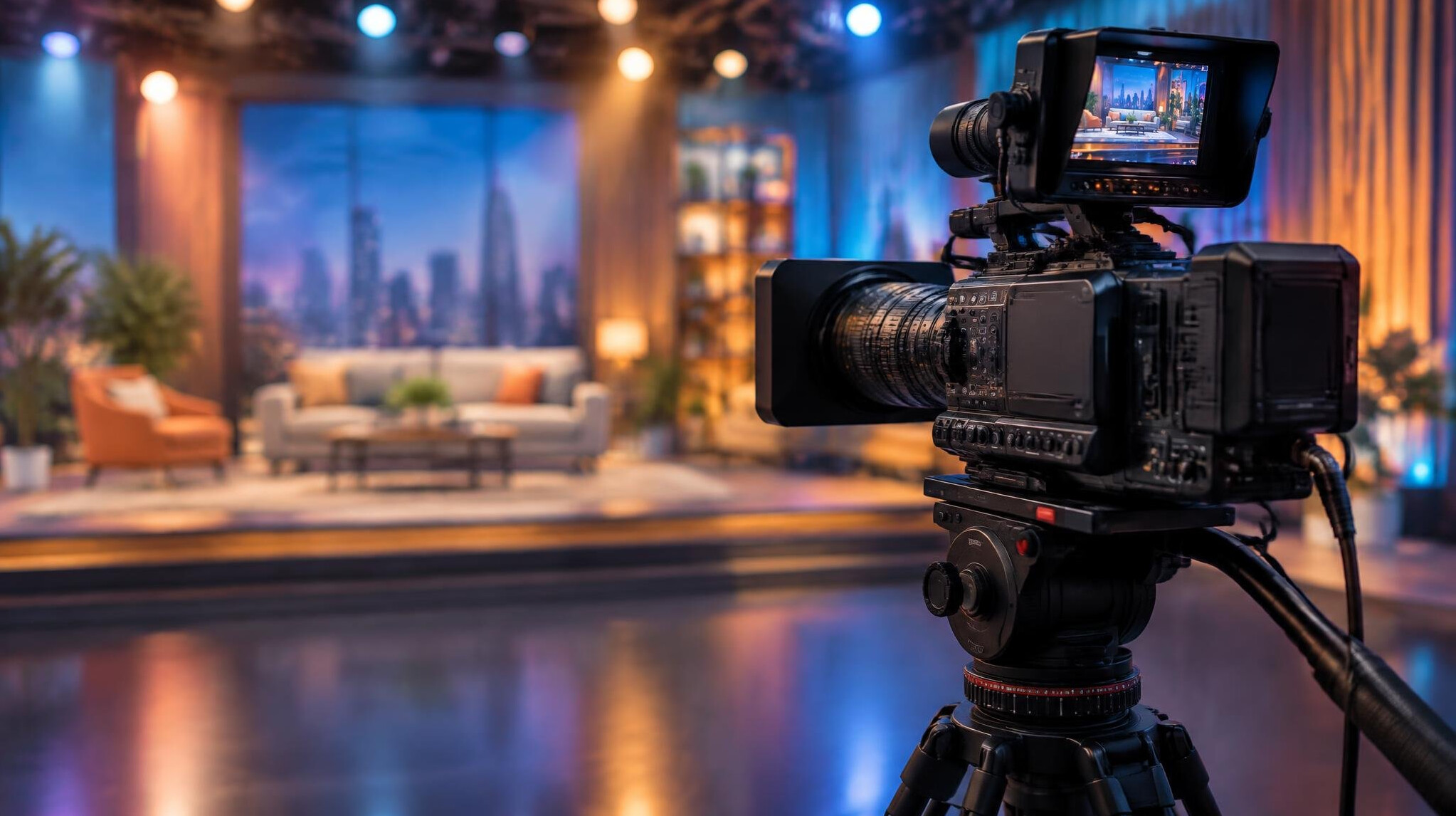 Professional video camera on a tripod pointed at a lit stage