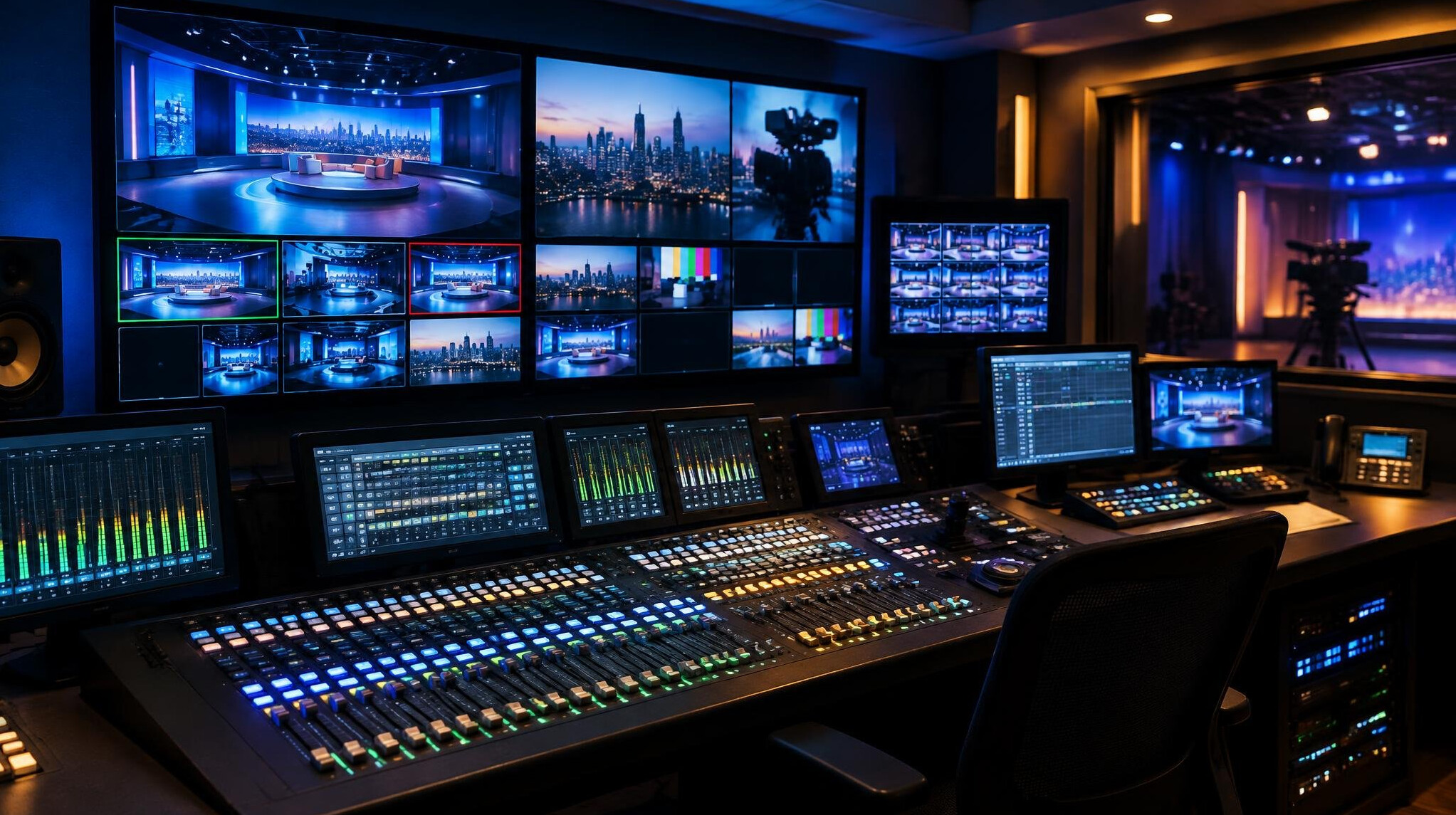 Broadcast control room with many monitors showing camera feeds