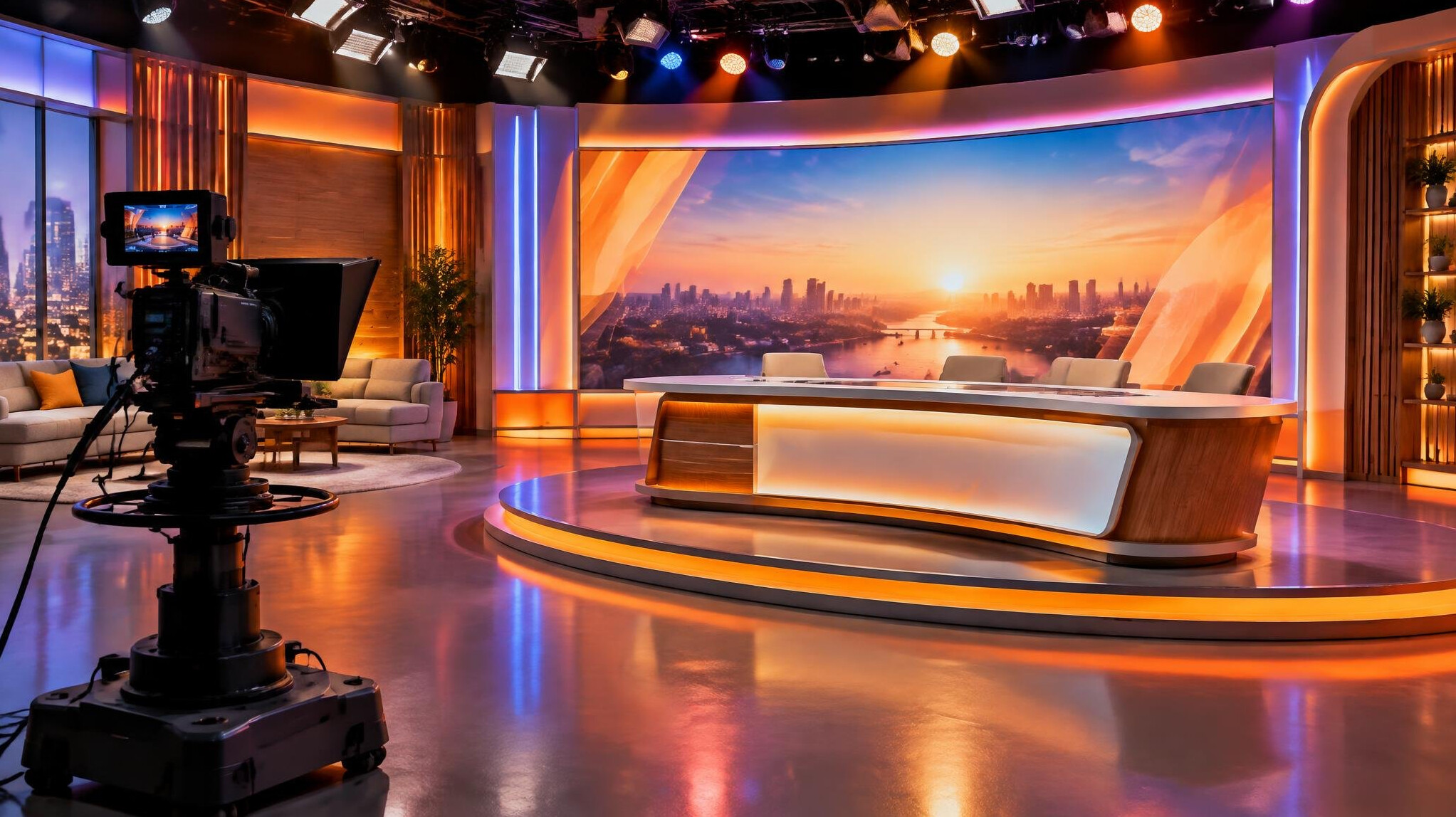 Modern television entertainment show studio with warm stage lights and an empty presenter set