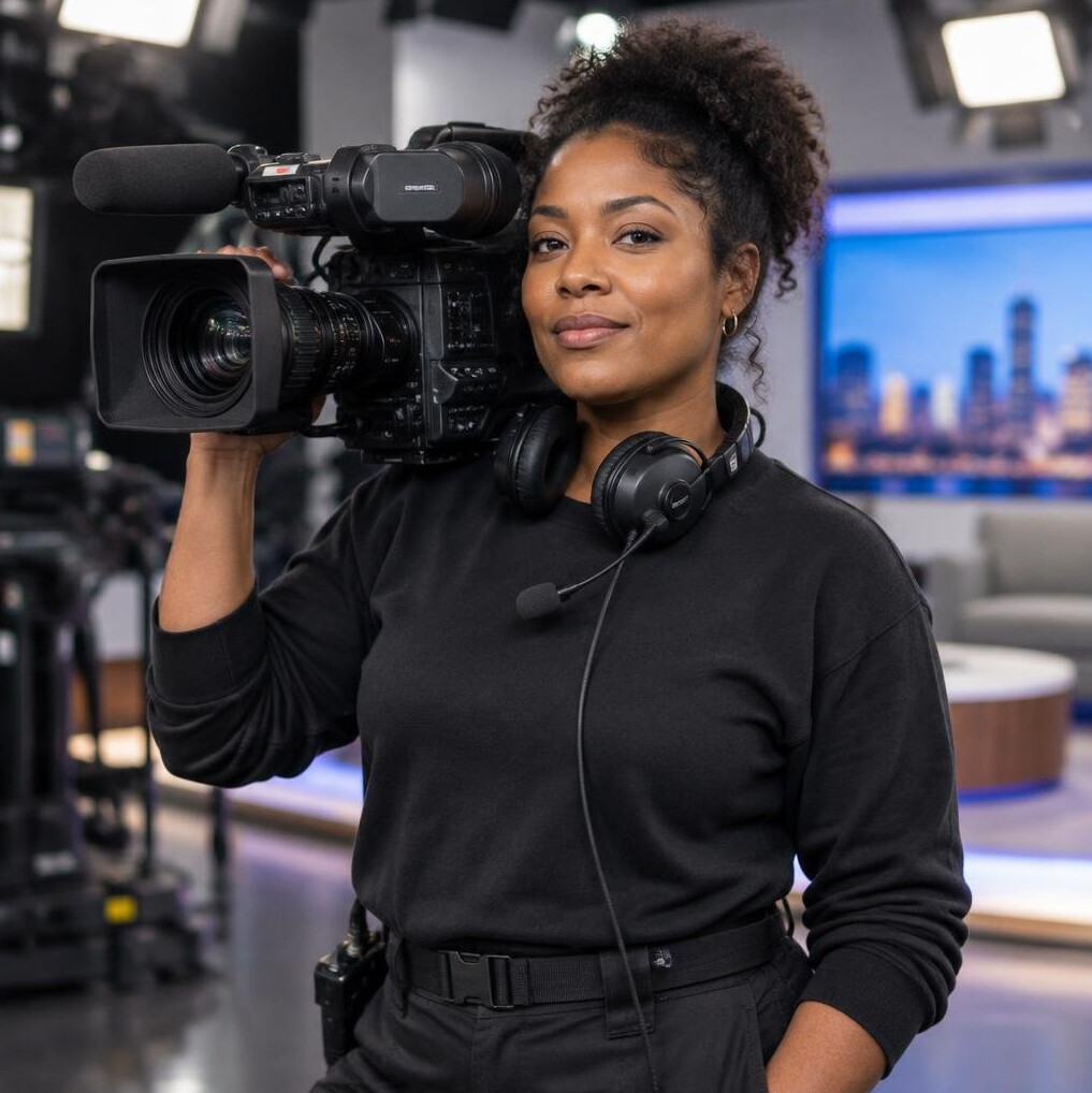 Woman camera operator holding a shoulder camera in a television studio