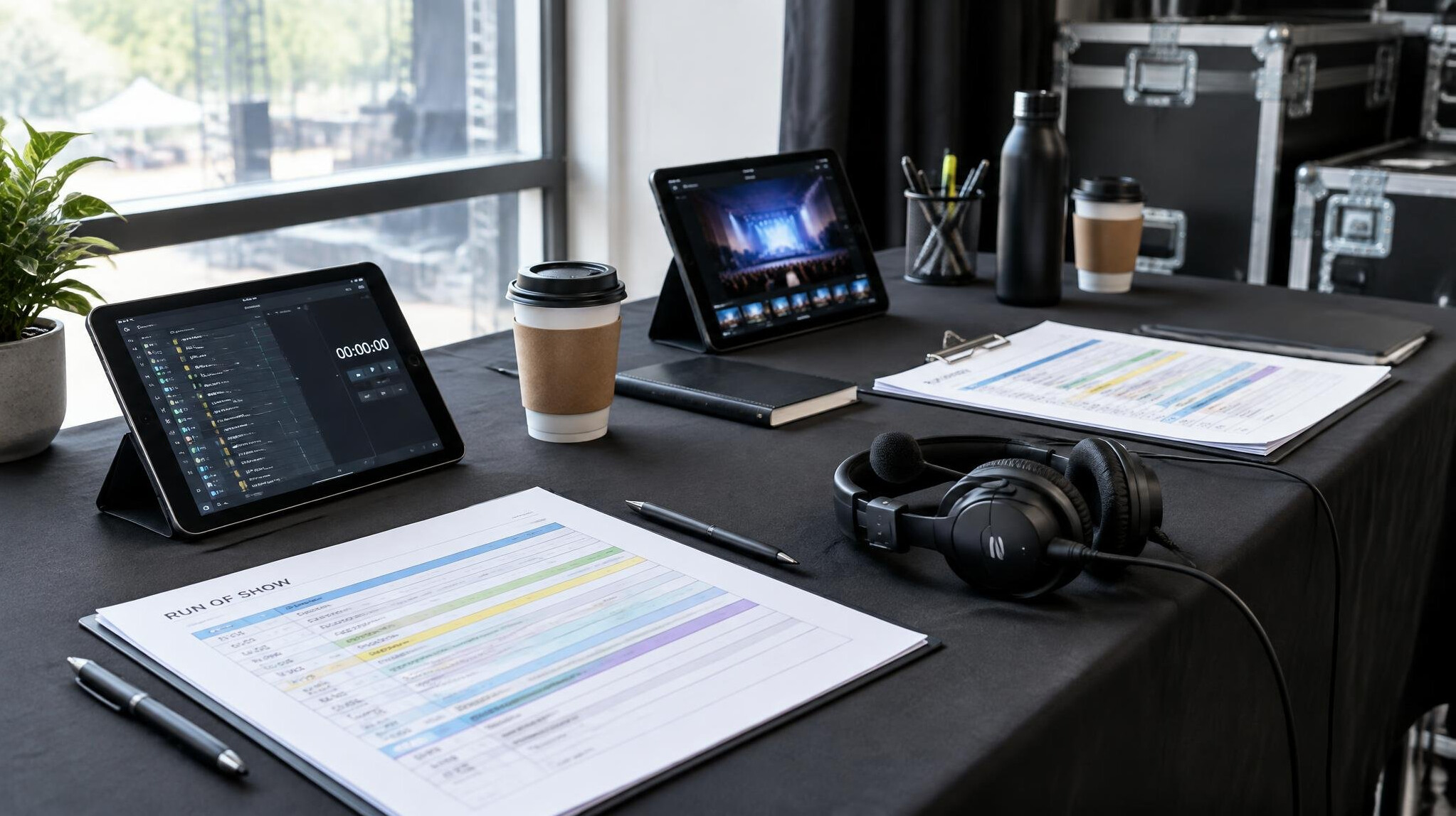 Backstage production meeting around a table with notes and tablets