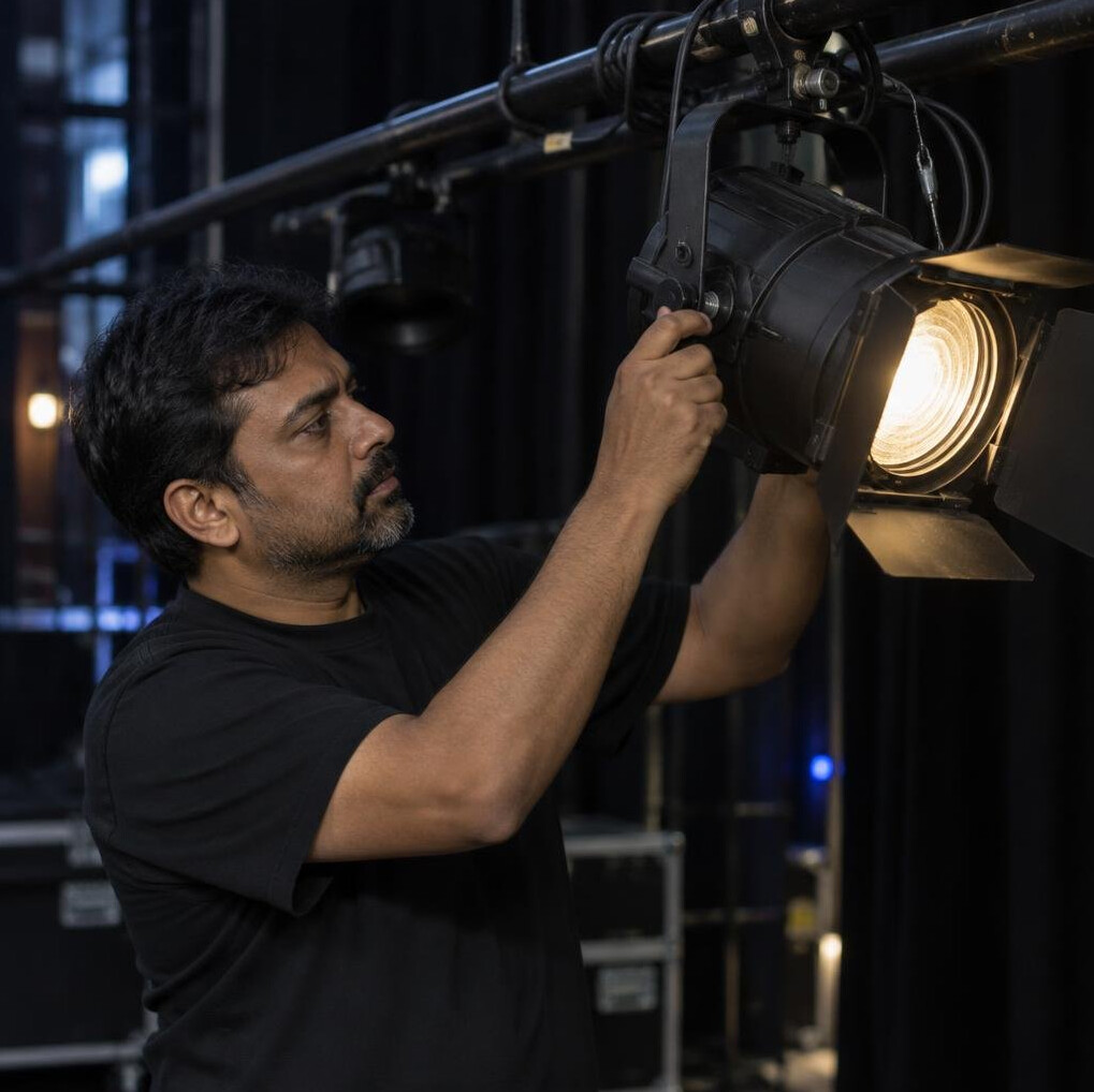 Man lighting technician adjusting a spotlight on a stage rig