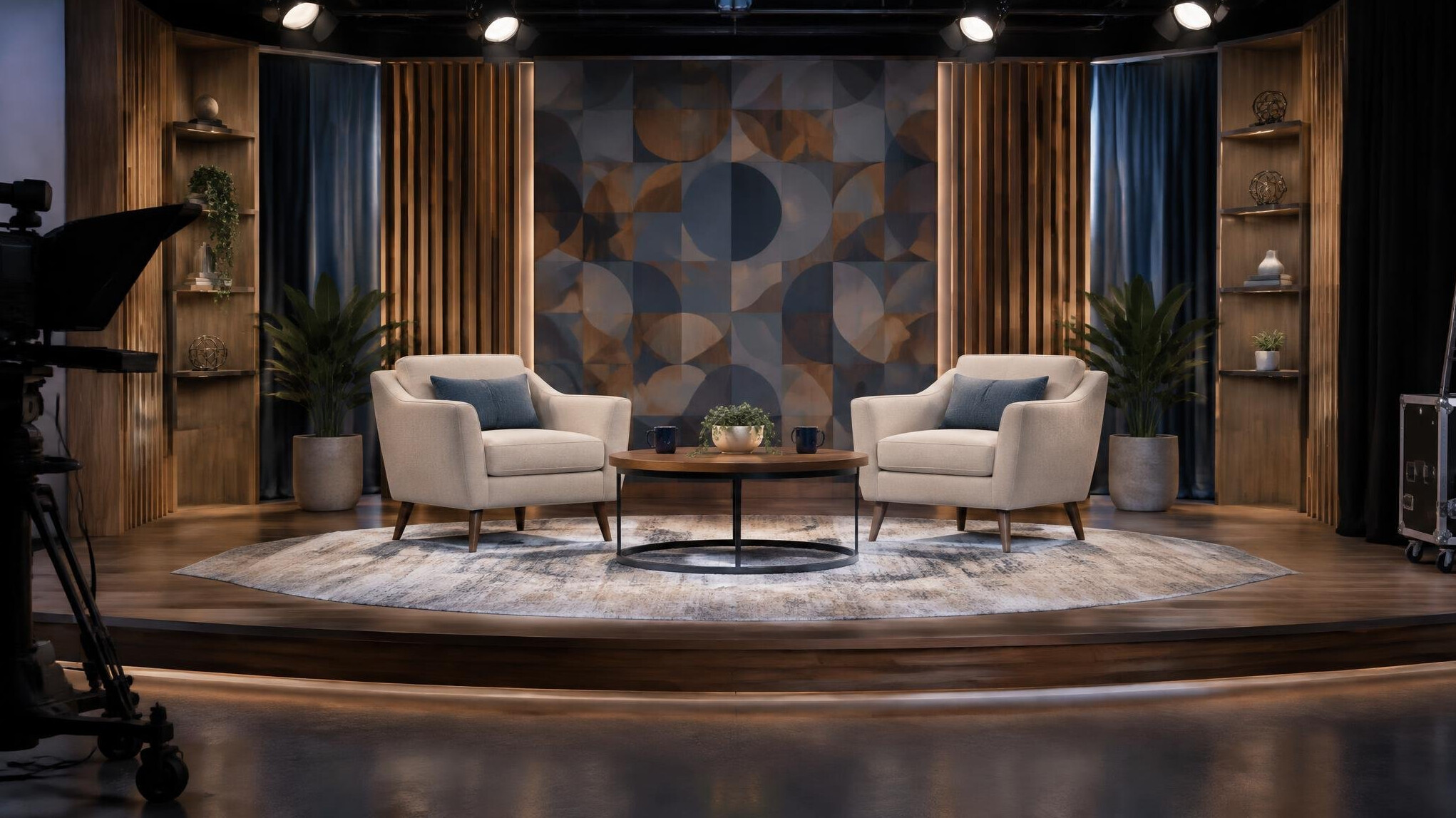 Empty stage set with two armchairs and a coffee table prepared for a talk show